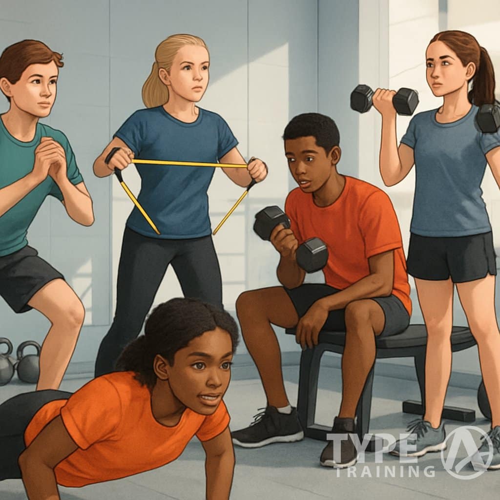 A group of teenagers exercising with weights and resistance bands in a bright gym.