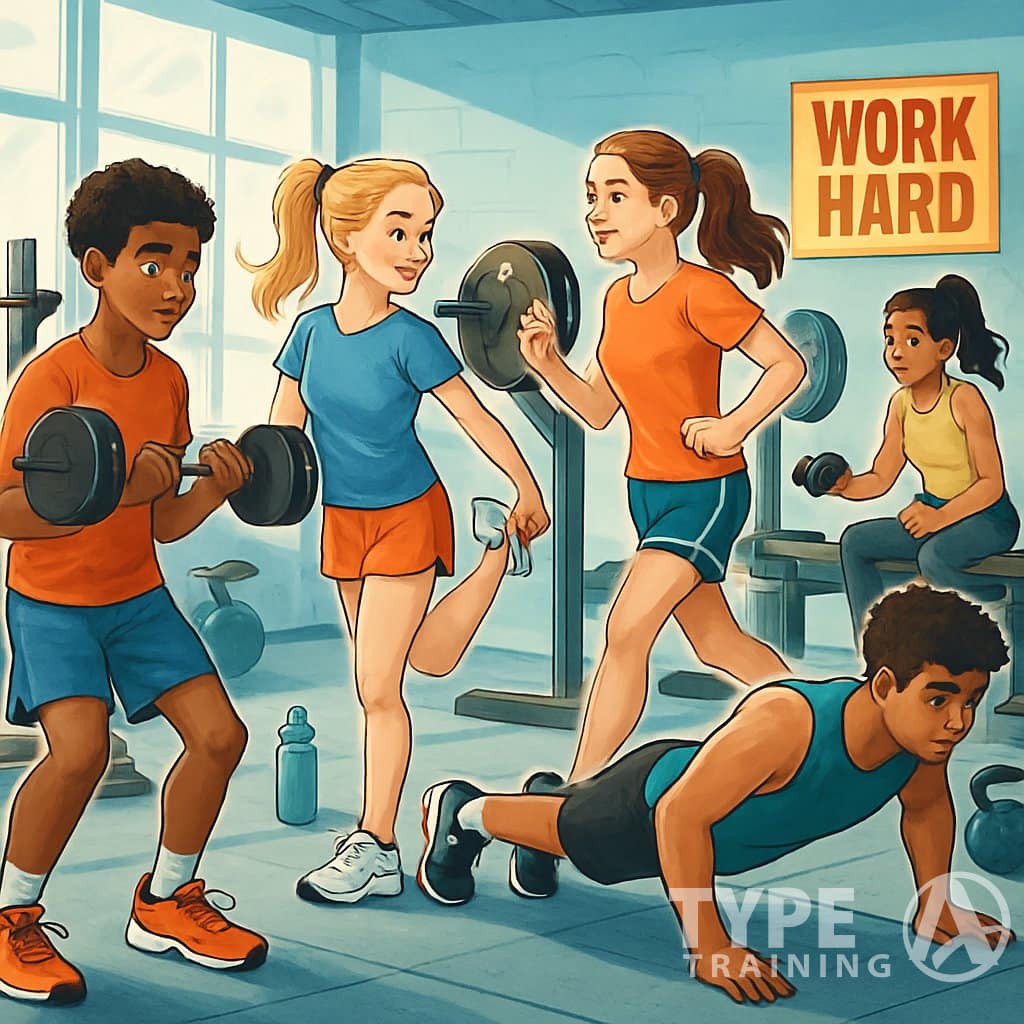 A group of diverse teenage athletes exercising together in a gym, performing various workouts with fitness equipment.