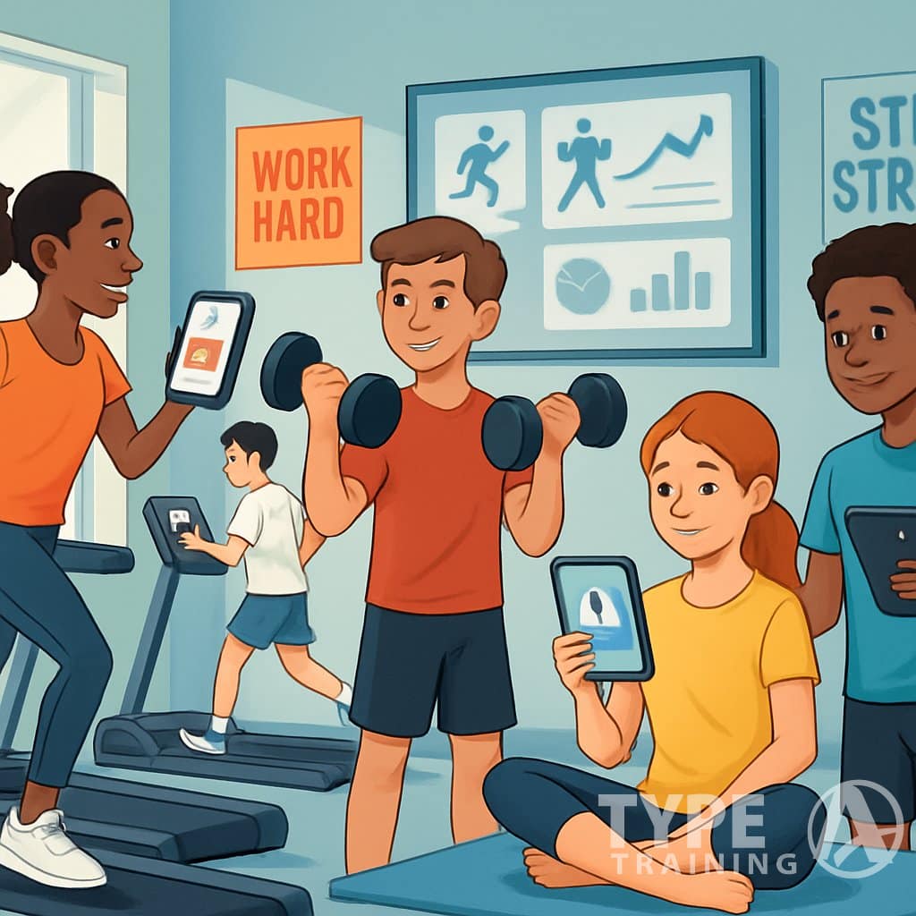A group of teenagers exercising in a gym while using smartphones and tablets to follow workout routines.