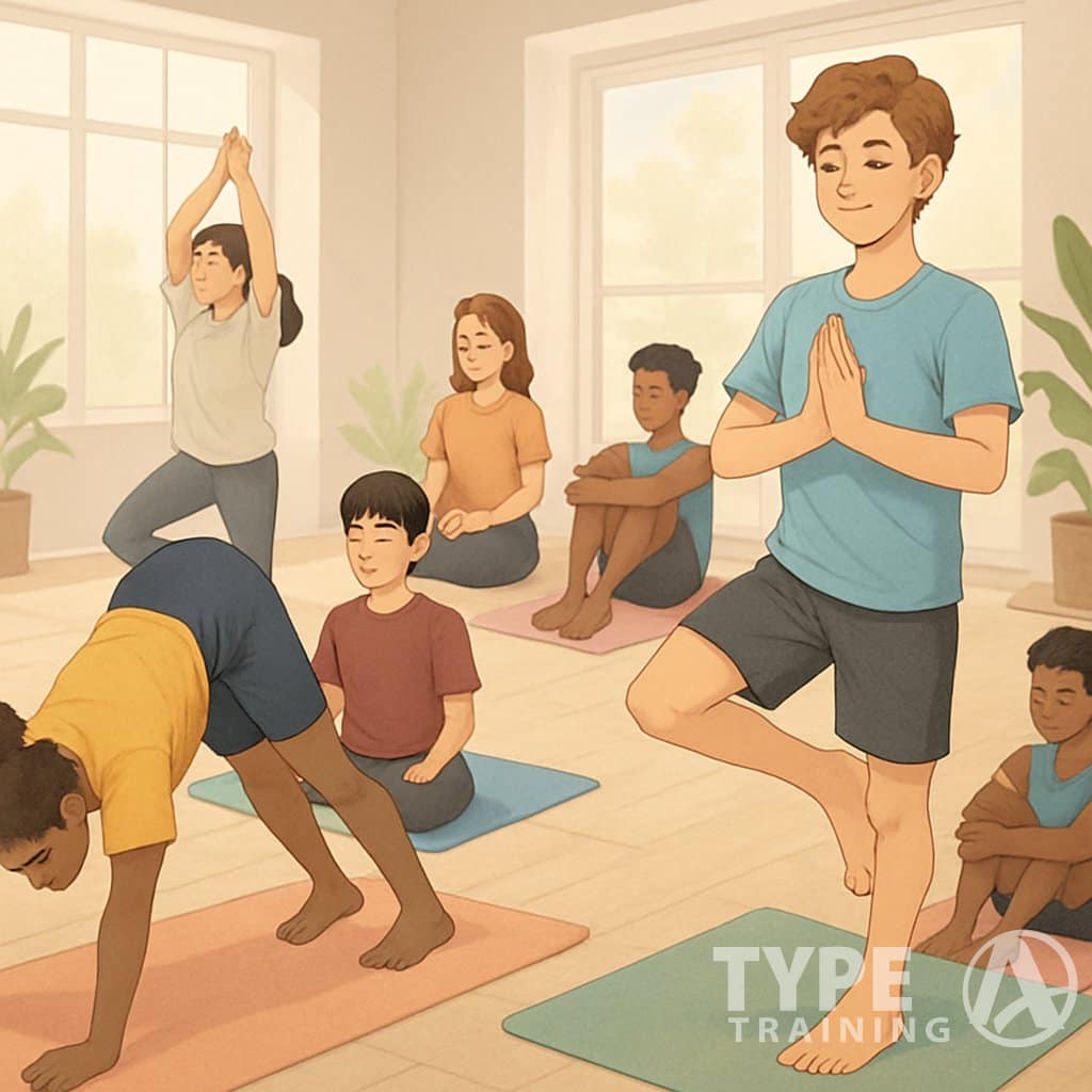 Teenagers practicing yoga, stretching, and meditating together in a bright indoor studio.