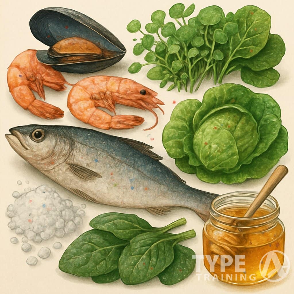 A detailed illustration showing fish, shellfish, leafy vegetables, salt crystals, and honey with tiny colorful microplastic particles embedded within them.