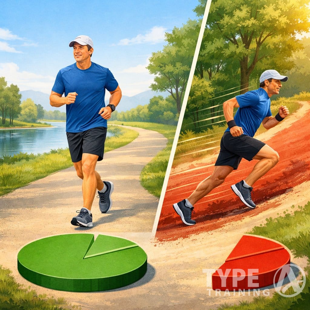 A middle-aged person running on a park trail with sections showing easy and hard running, surrounded by trees and sunlight.