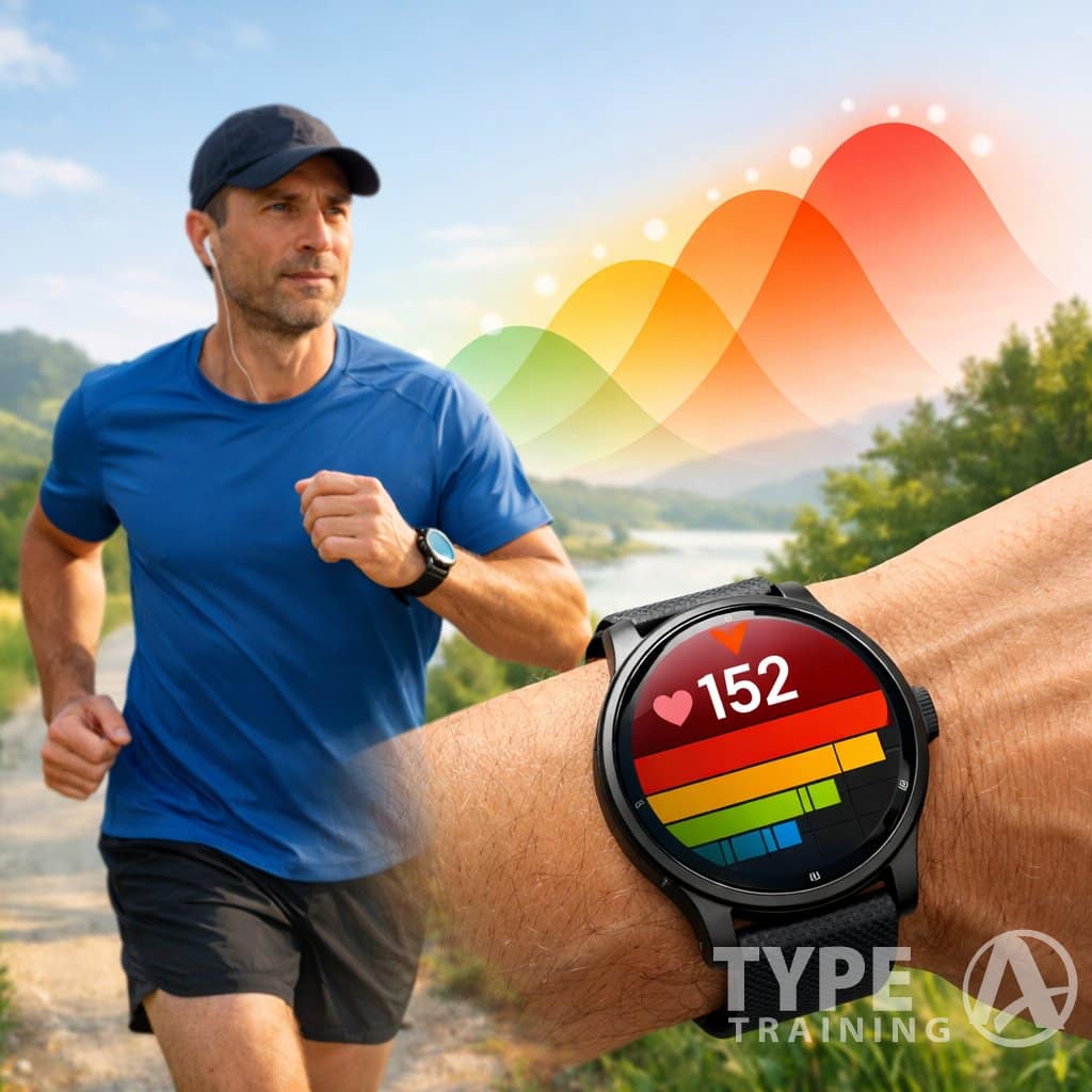 A mature runner jogging outdoors wearing a heart rate monitor watch showing heart rate zones, surrounded by nature on a clear day.