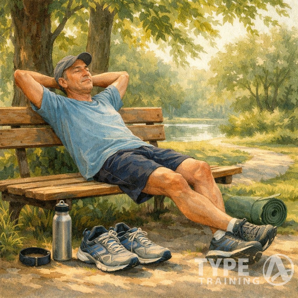 A middle-aged runner resting on a park bench surrounded by trees and running gear, illustrating a day of true rest.