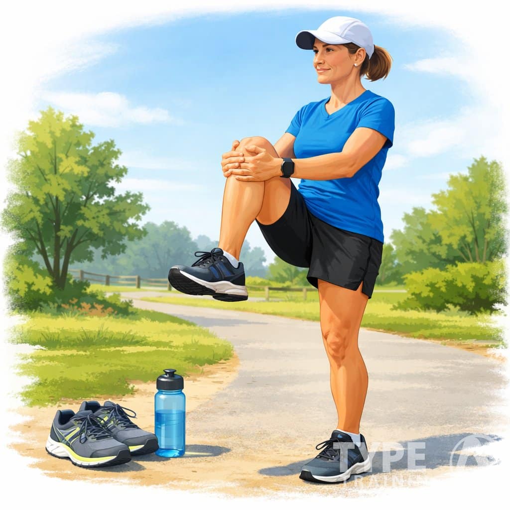 A middle-aged person performing mobility stretches outdoors on a running trail, preparing to prevent injuries.