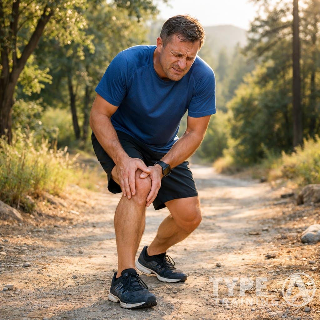 A middle-aged runner on a nature trail holding their knee with a concerned expression, indicating pain while running.