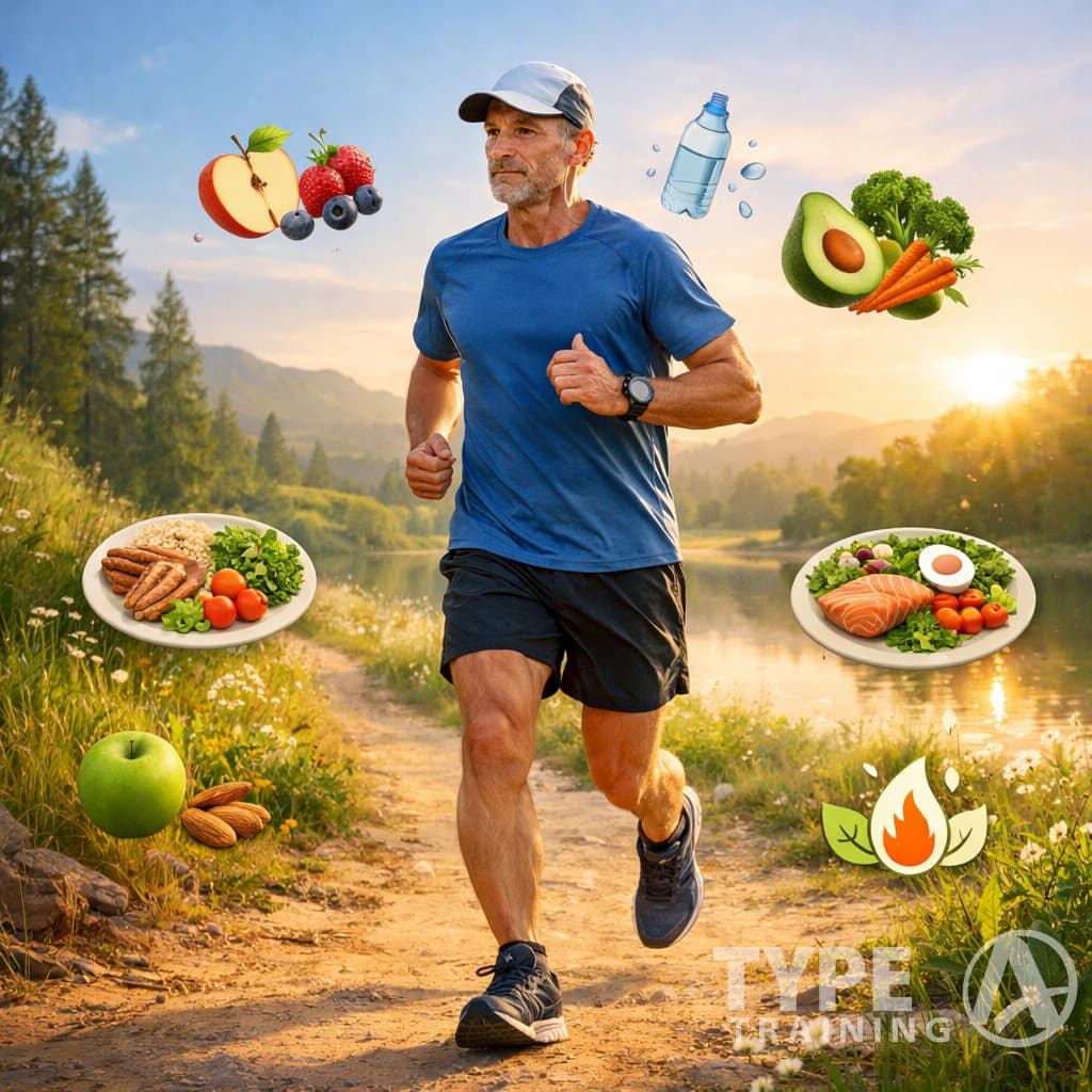 A mature runner jogging on a trail surrounded by symbols of healthy nutrition like fruits and water bottles.