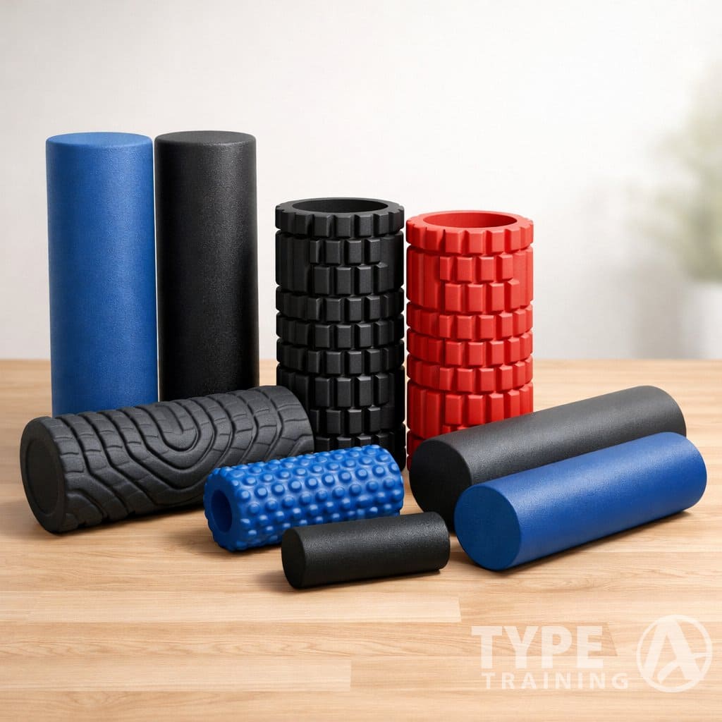 A collection of different foam rollers arranged on a wooden surface.