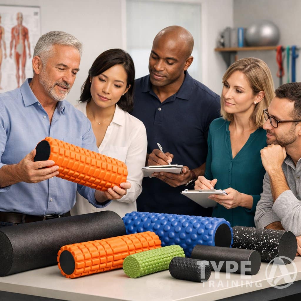 A group of experts examining and discussing different foam rollers in a studio setting with fitness equipment in the background.
