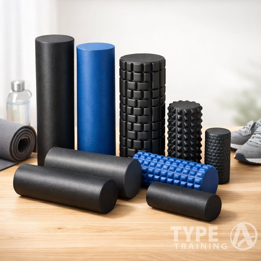 A collection of different foam rollers arranged on a wooden surface with a yoga mat, water bottle, and athletic shoes nearby.