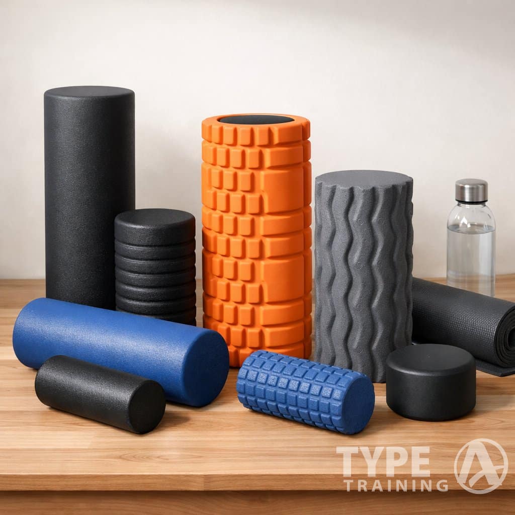 A variety of foam rollers in different sizes and textures arranged on a wooden surface with a yoga mat and water bottle nearby.