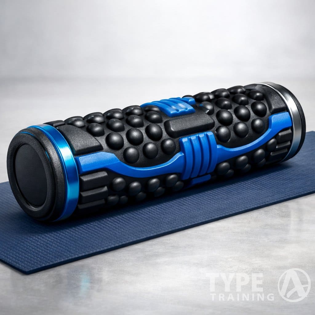 A detailed illustration of a foam roller with textured surface placed on a gym floor.