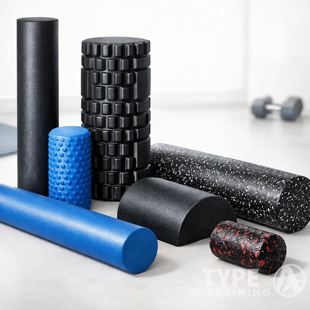 A variety of foam rollers of different types and sizes arranged neatly on a clean surface in a fitness setting.