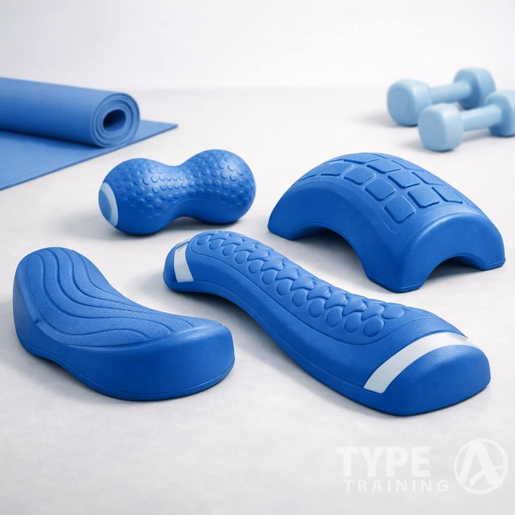 A set of blue contoured foam rollers arranged on a light surface with gym equipment in the background.