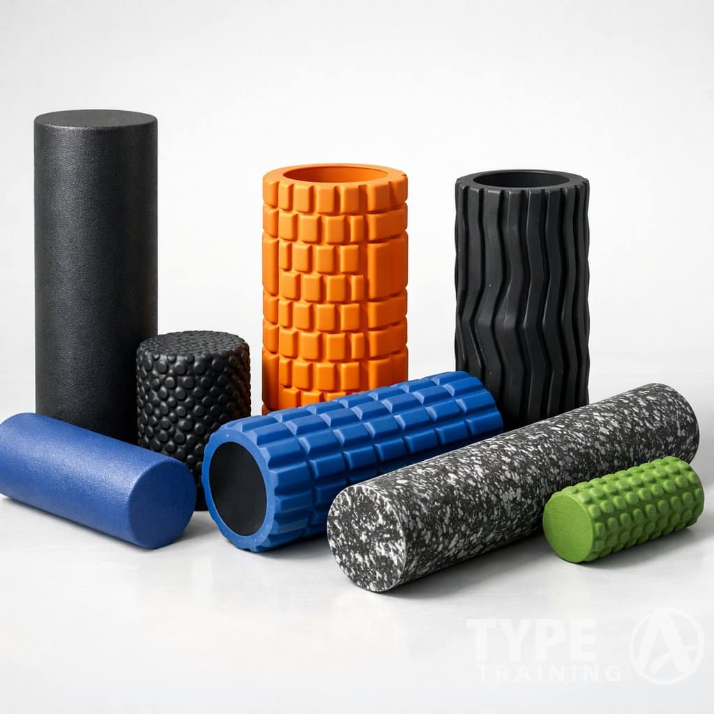 A variety of foam rollers with different textures and sizes arranged on a clean surface.