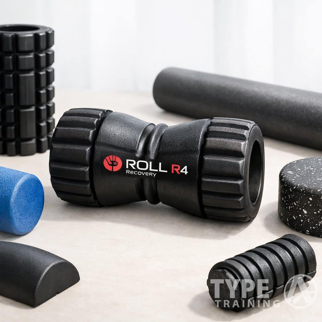 A collection of foam rollers displayed on a light surface, featuring a central textured foam roller surrounded by others of various shapes and sizes.