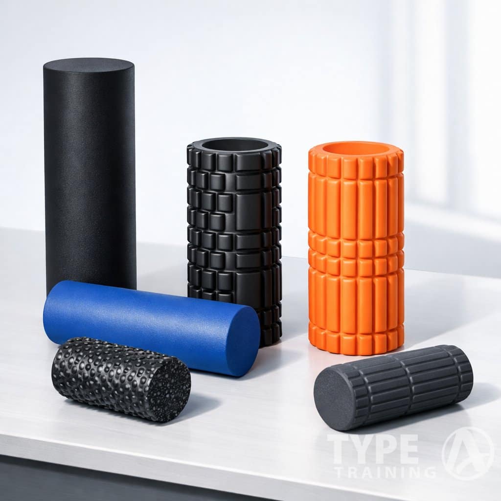 An illustration of different foam rollers of various sizes and textures arranged on a clean surface.