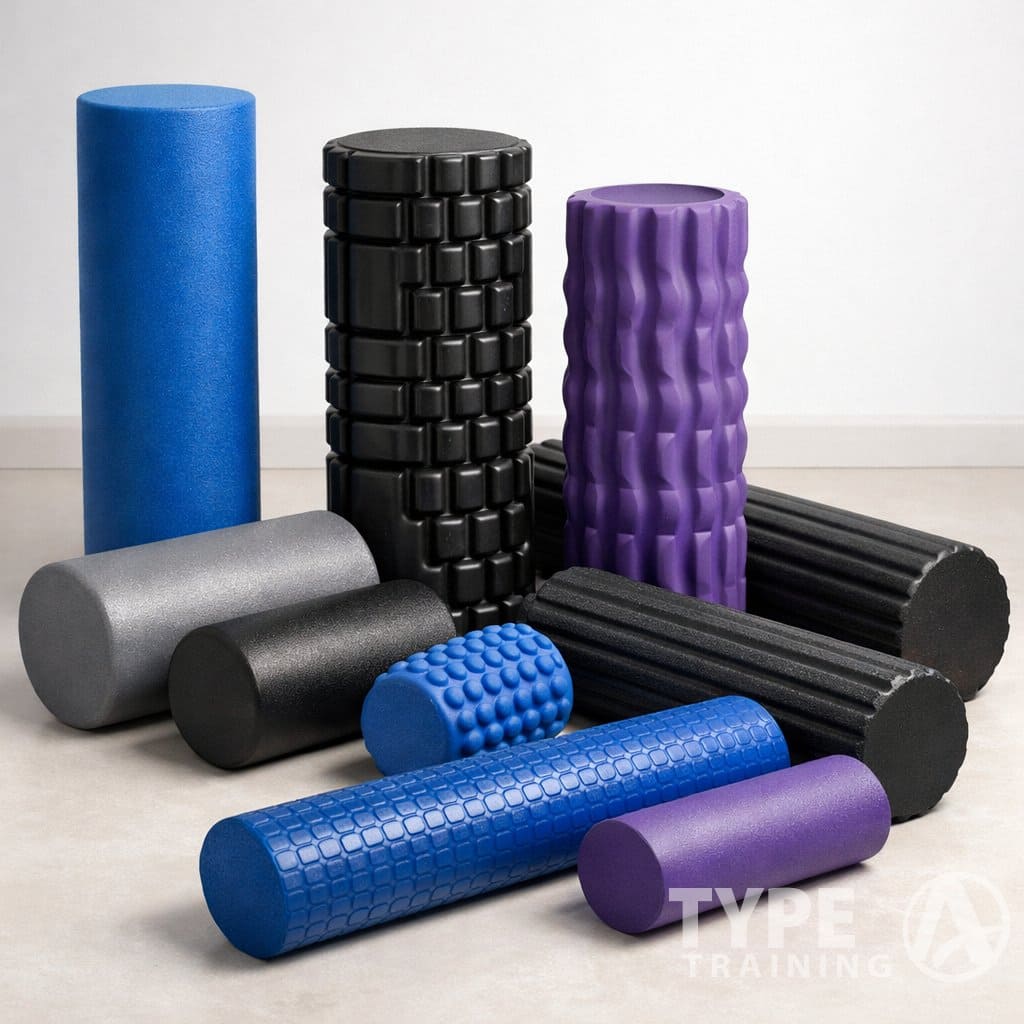 A collection of different foam rollers in various sizes and textures arranged on a light surface.