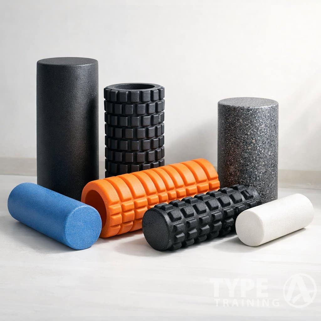 A variety of foam rollers with different textures and sizes arranged neatly on a clean surface.