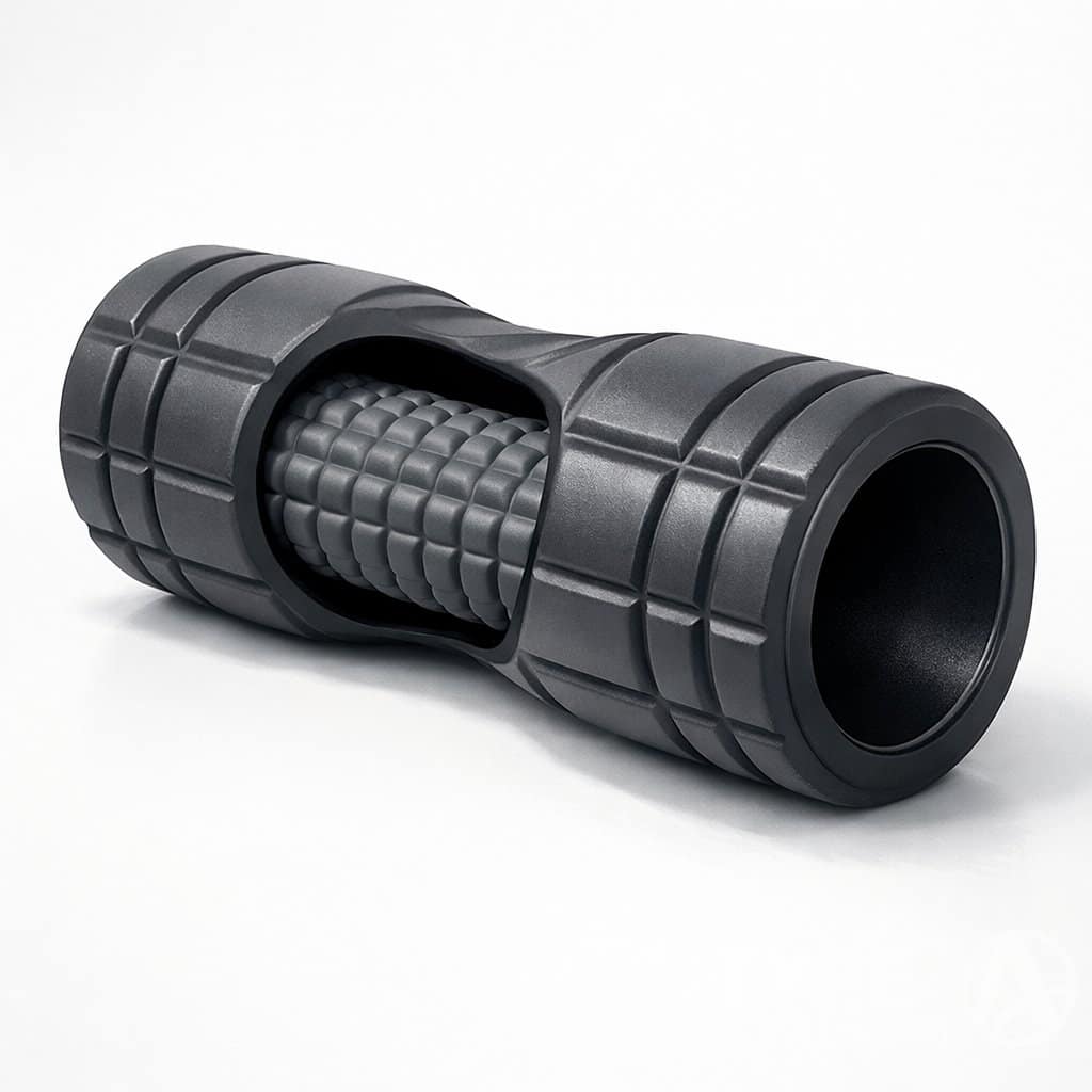 A detailed illustration of a double cylindrical foam roller designed for muscle relief, shown against a plain background.