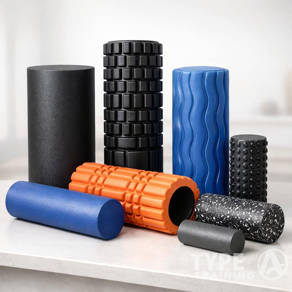 A variety of foam rollers with different textures and sizes arranged neatly on a clean surface.