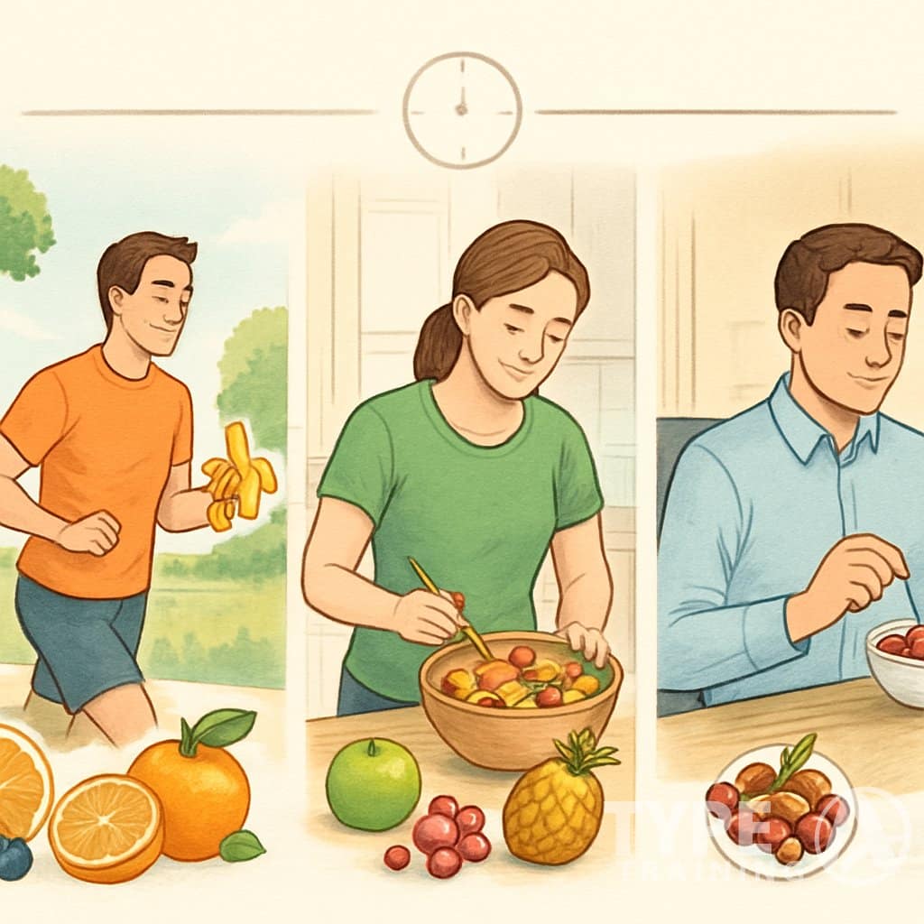 A daily timeline showing people eating different fruits from morning exercise to evening relaxation, illustrating the benefits of fruit at various times of the day.