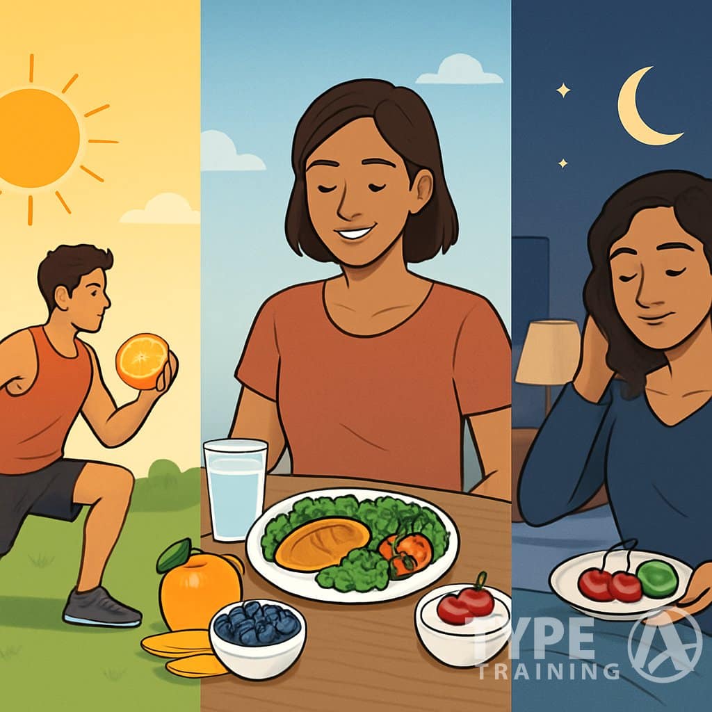 A scene divided into morning, afternoon, and evening showing a person exercising with fruits in the morning, healthy fruits on a table in the afternoon, and a person preparing for sleep with calming fruits in the evening.