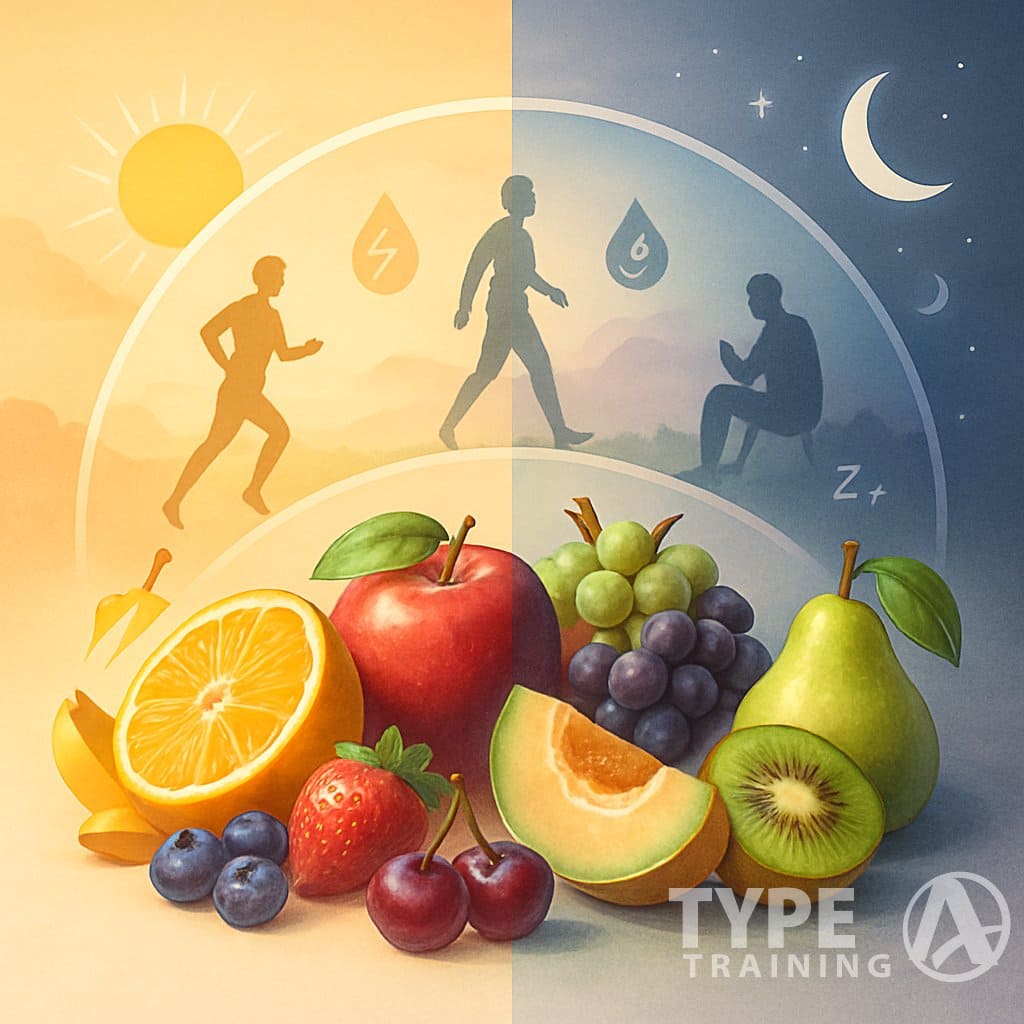 Illustration of various fruits arranged along a timeline from morning to evening, showing their nutritional benefits with scenes of a person exercising in the morning and relaxing in the evening.