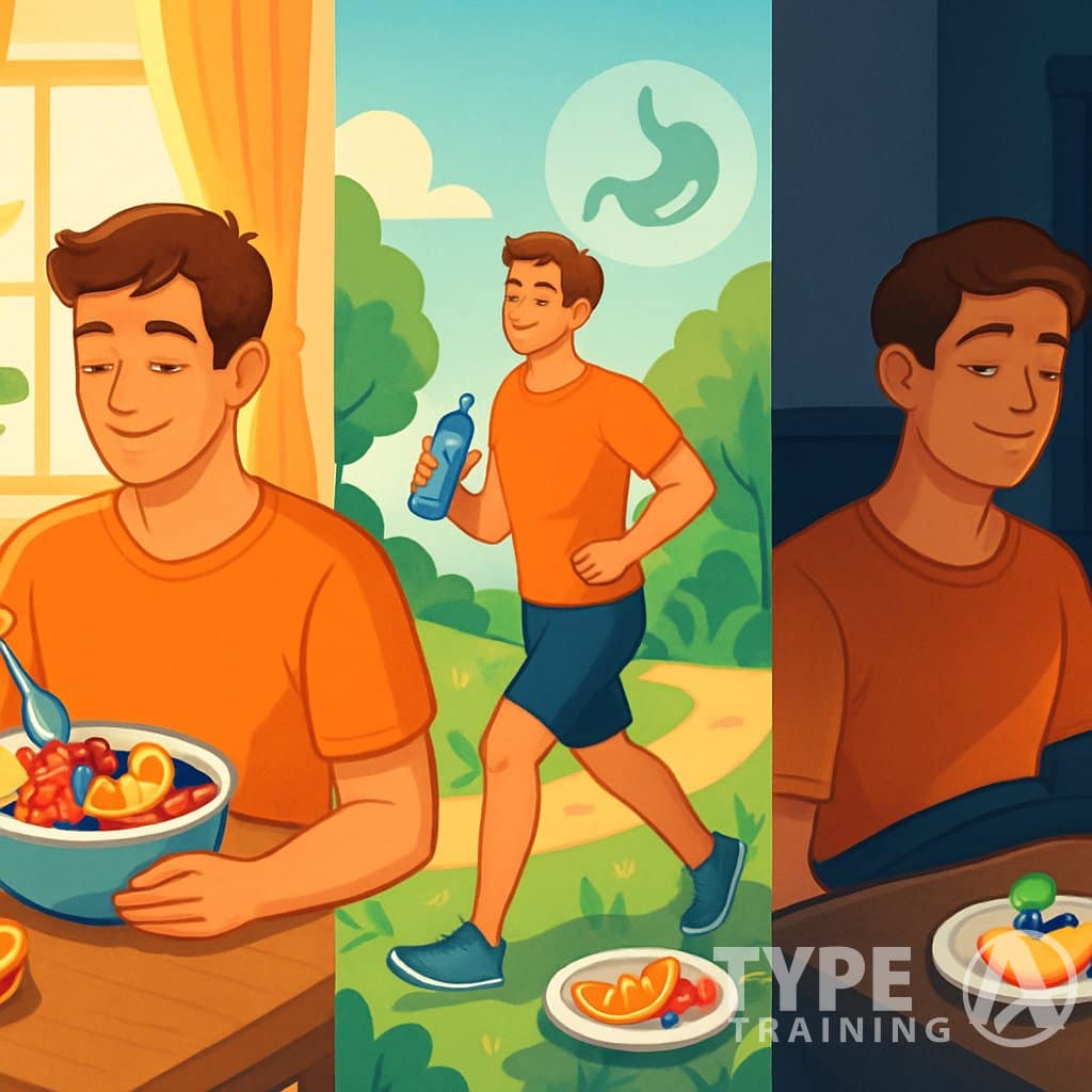 A person eating fresh fruit in the morning, exercising during the day, and having a light fruit snack before sleep in the evening.