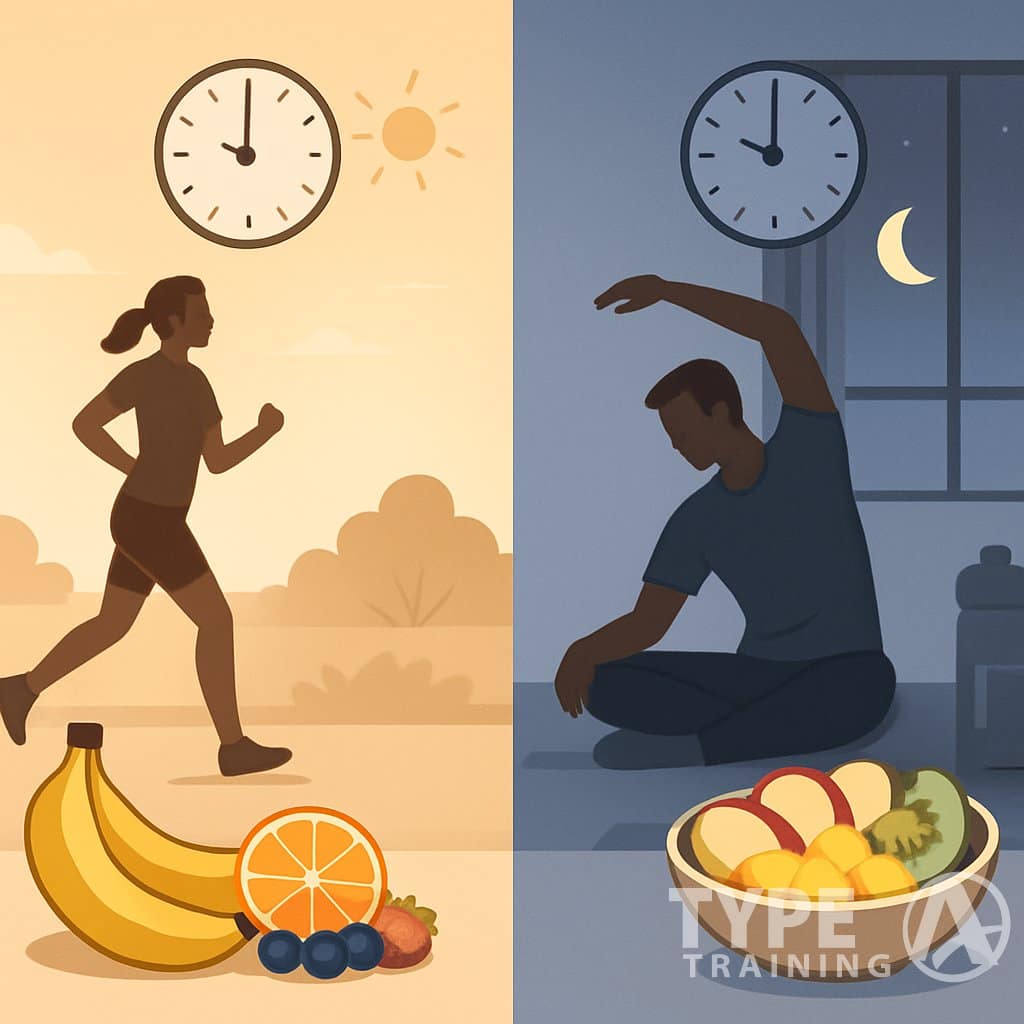 Two-part scene showing a person jogging in the morning with fresh fruits nearby and another person stretching indoors in the evening with a bowl of fruit, illustrating pre- and post-workout fruit consumption.