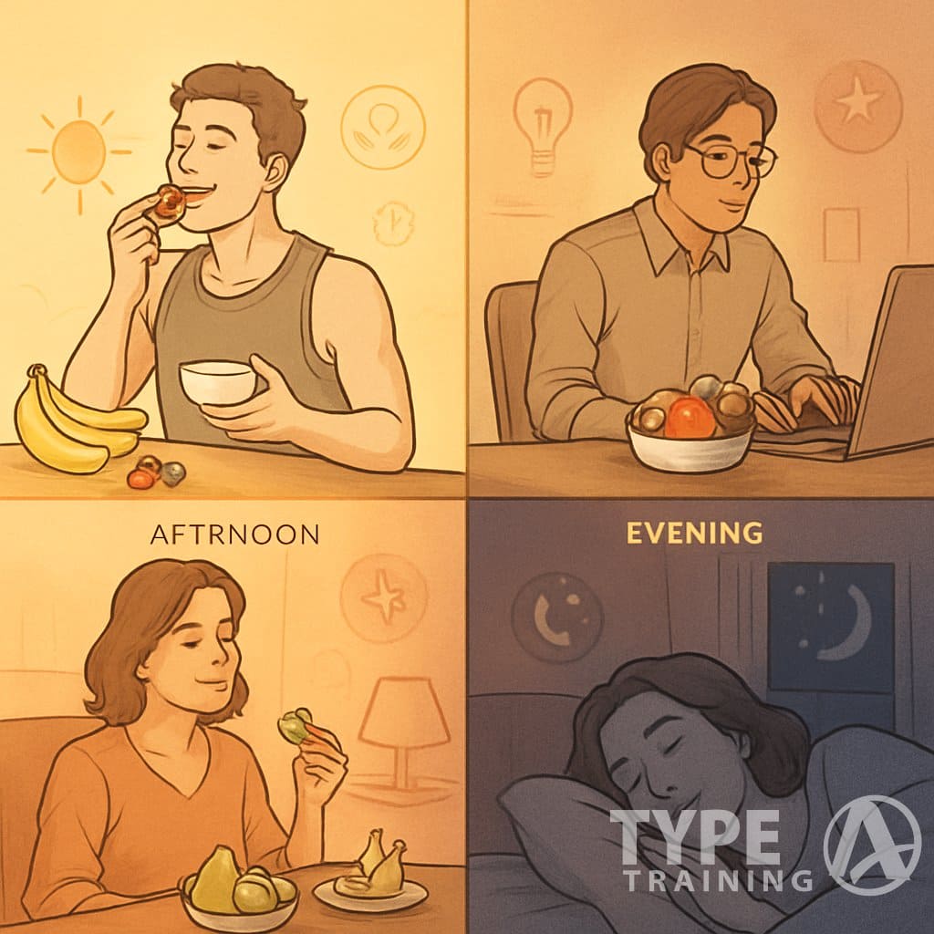 A day-long timeline showing people eating various fruits at different times: after a morning workout, during an afternoon work session, in the evening while relaxing, and a calm bedroom scene at night.