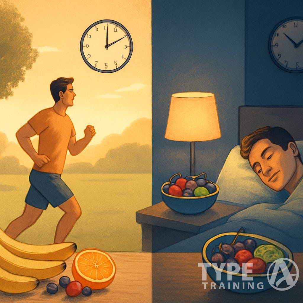 A person exercising outdoors in the morning next to fresh fruits, and the same person sleeping peacefully at night with a bowl of fruit on the bedside table.