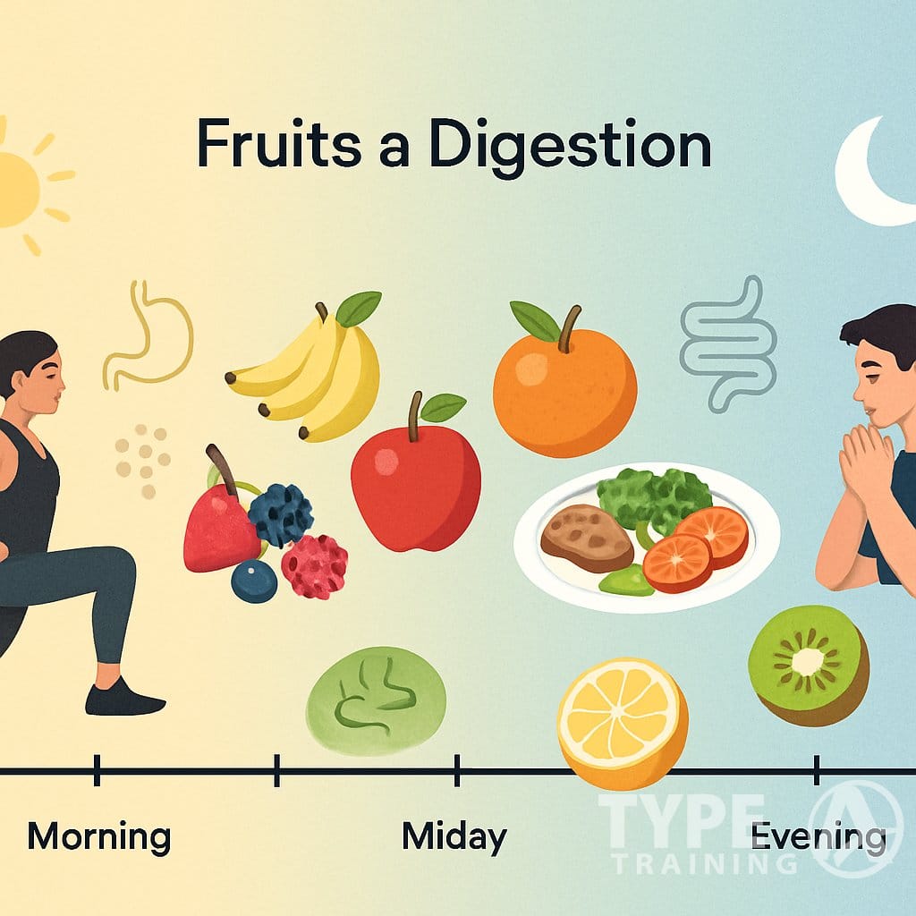 An illustration showing different fruits placed along a timeline from morning to evening, with a person exercising in the morning, a meal at midday, and someone preparing for sleep in the evening, representing fruit timing and digestion for gut health.