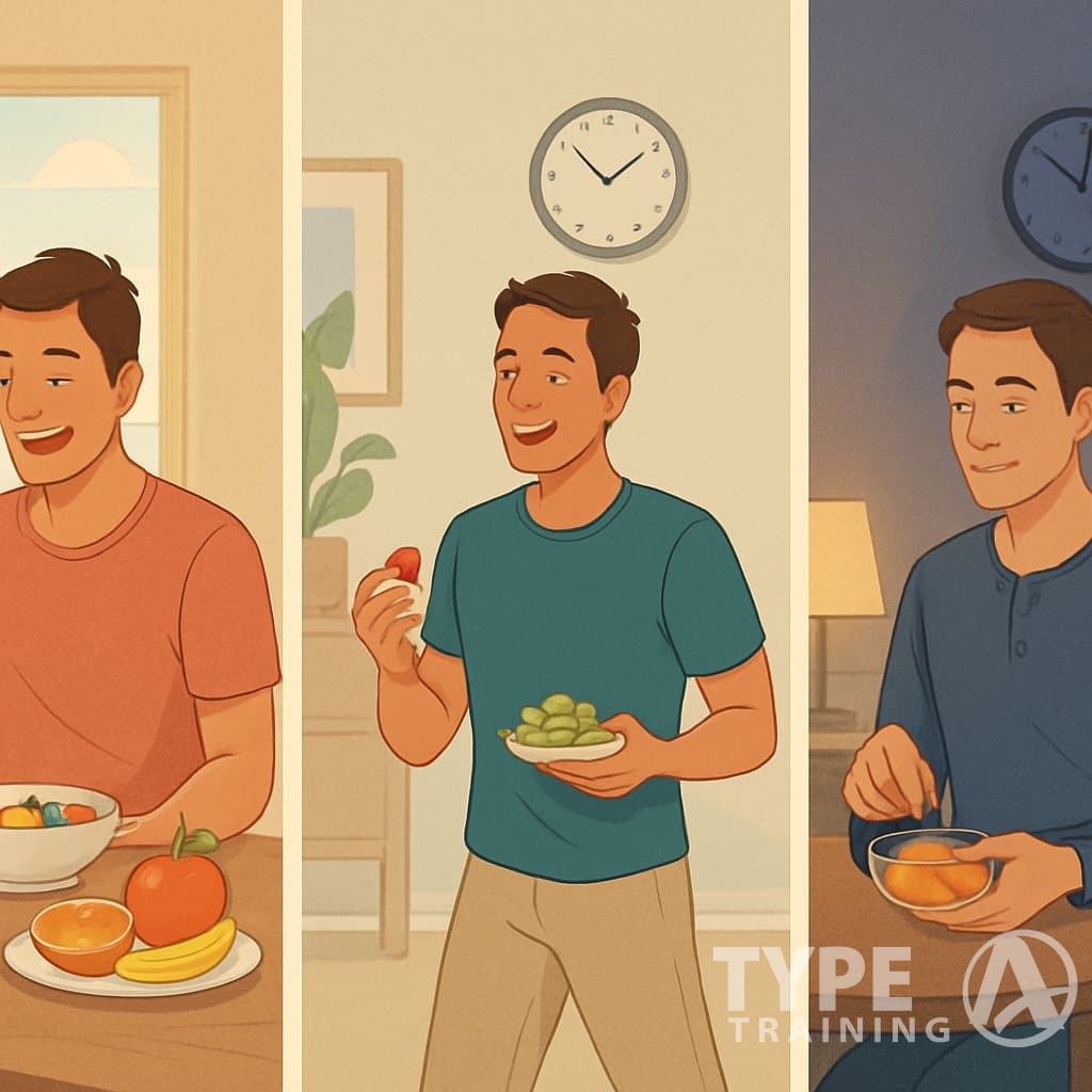 A person eating fruit and exercising in the morning, having a healthy snack during the day, and preparing for sleep with a light fruit snack in the evening.