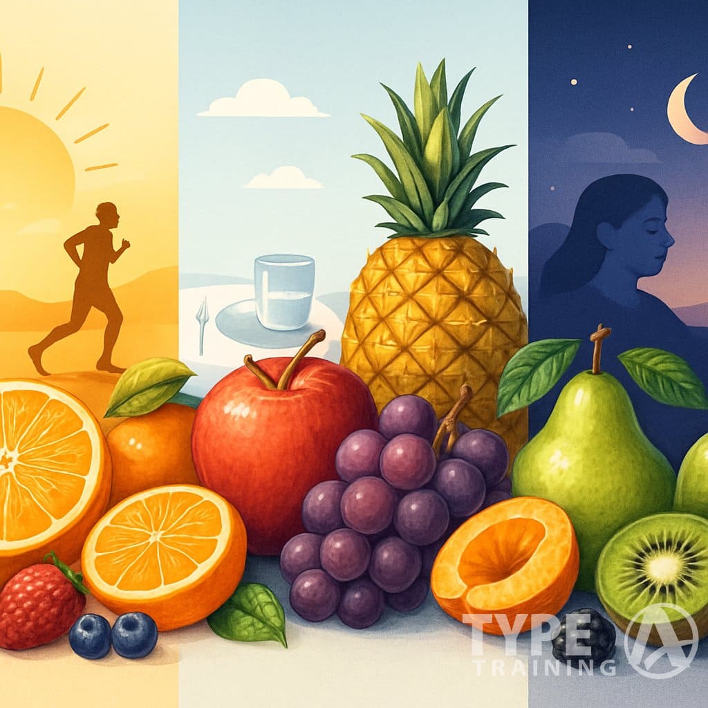 An illustration showing different fruits arranged by time of day: morning fruits with sunrise and a person jogging, midday fruits with daylight and a balanced meal, and evening fruits with sunset and a person resting.