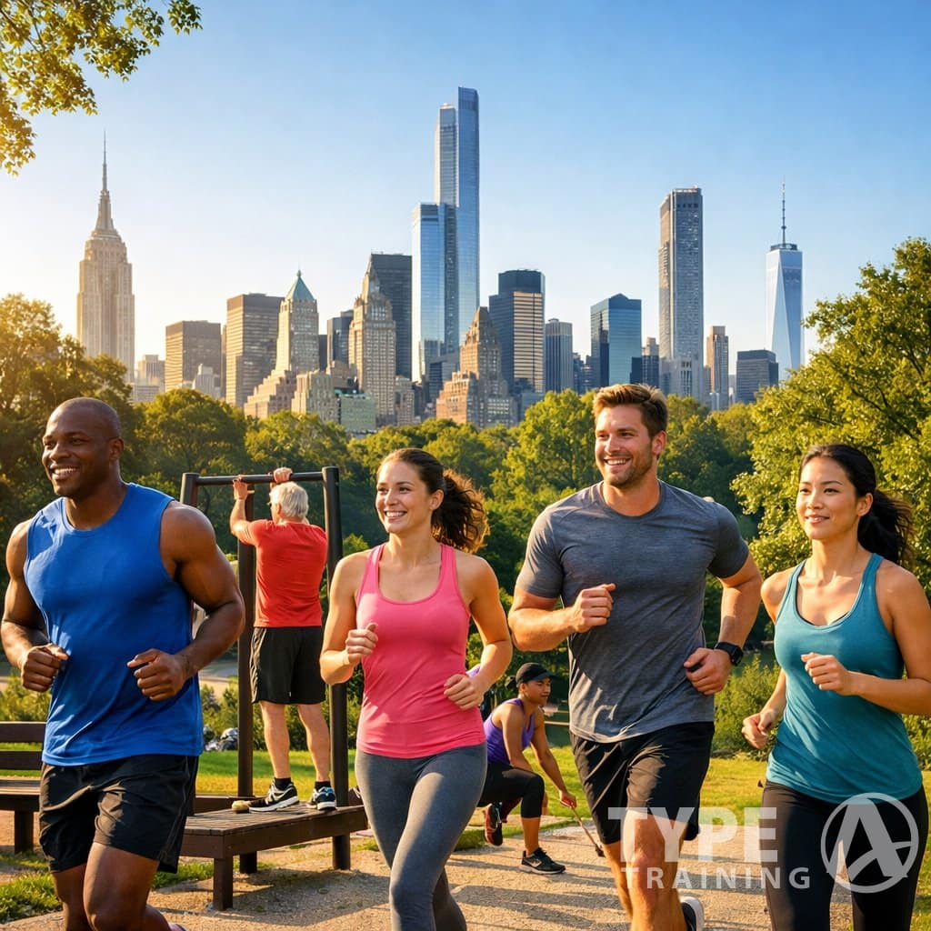 People jogging and exercising in a New York City park with the skyline visible in the background.
