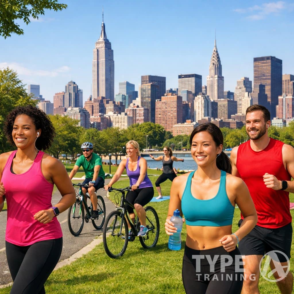 People exercising outdoors in a New York City park with skyscrapers in the background.