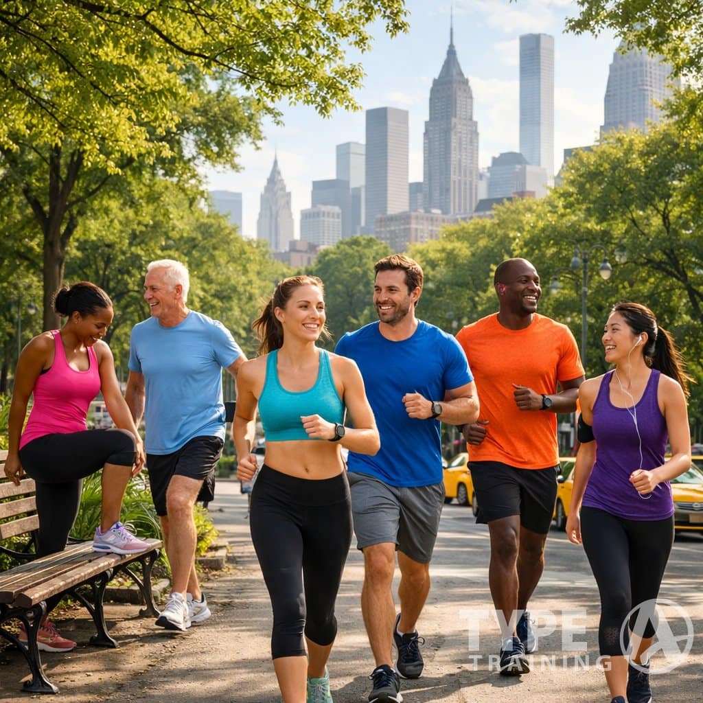 People exercising and jogging in a New York City park with skyscrapers in the background.