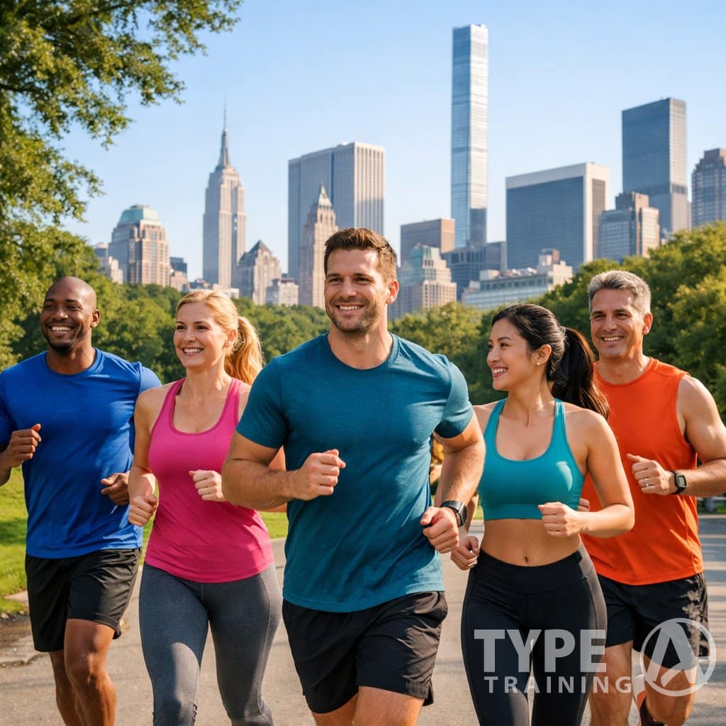A group of adults jogging together in a New York City park with skyscrapers in the background.