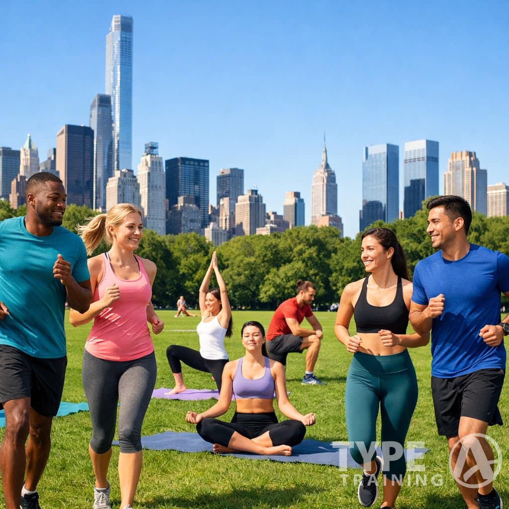People exercising outdoors in a New York City park with skyscrapers in the background.