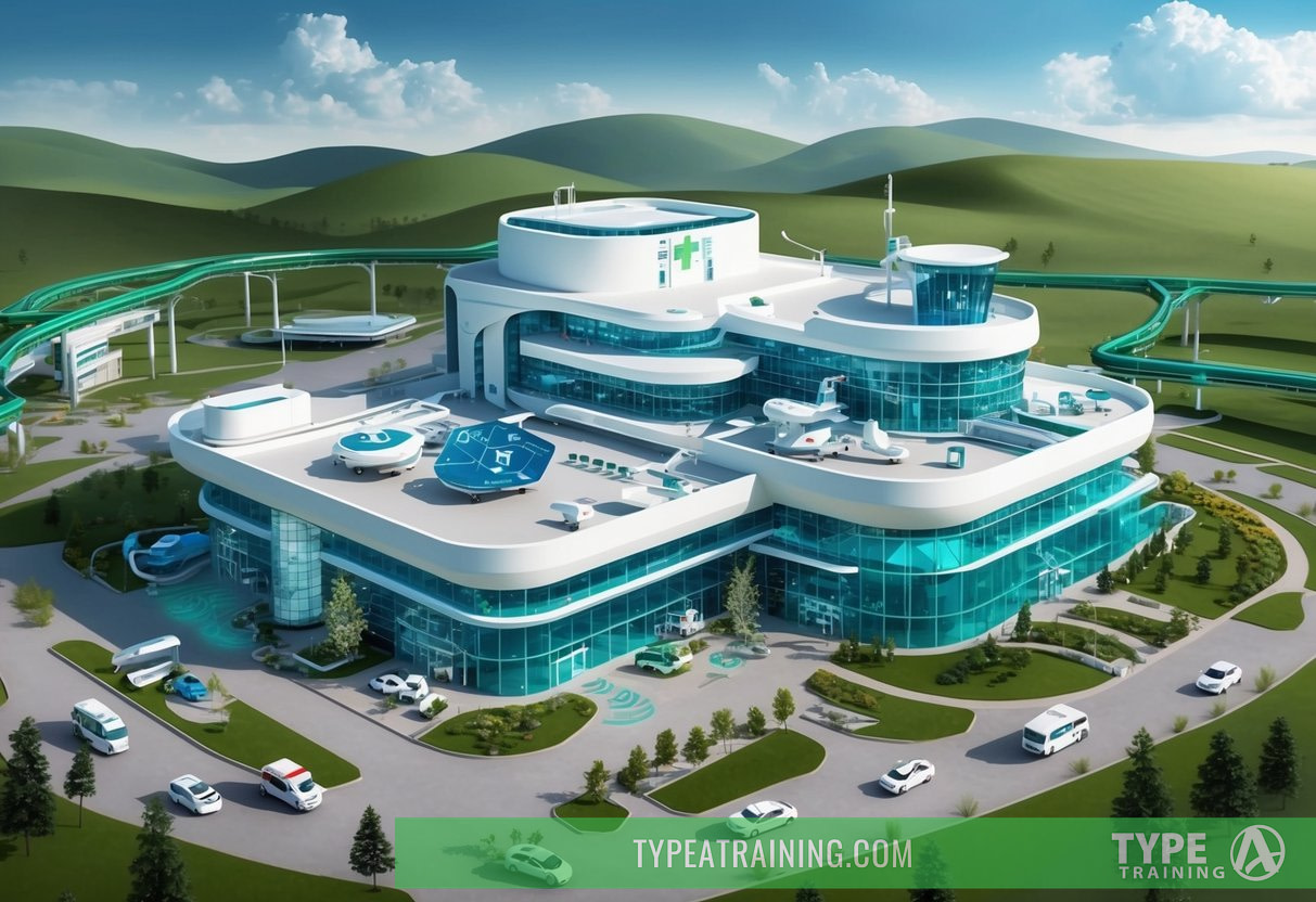 A futuristic healthcare facility with advanced technology and medical equipment, surrounded by green, sustainable infrastructure