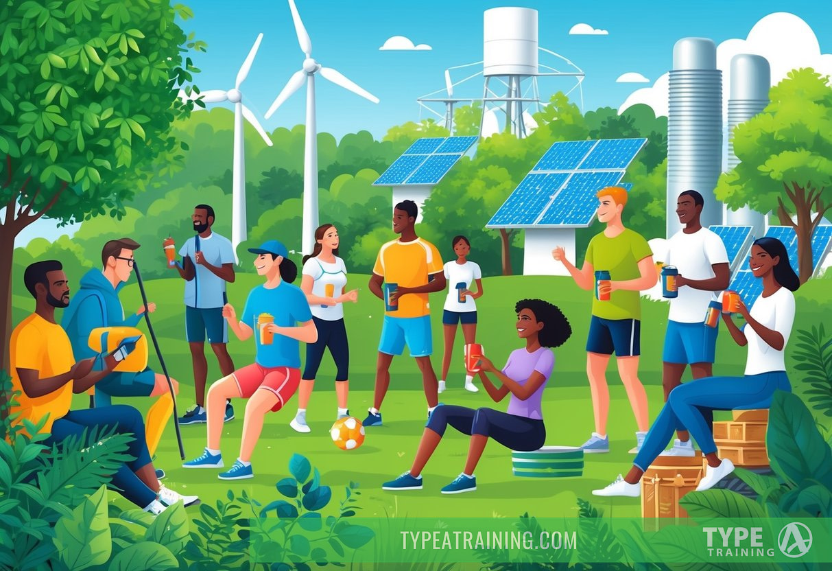 A diverse group of people engaging in outdoor activities, surrounded by lush greenery and clean air, with renewable energy sources in the background
