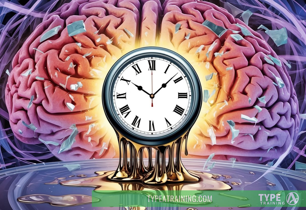 A clock melting and distorting, surrounded by swirling, fragmented images of a brain