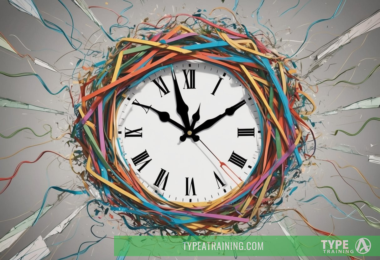 A tangled and distorted clock face surrounded by swirling, fragmented thoughts