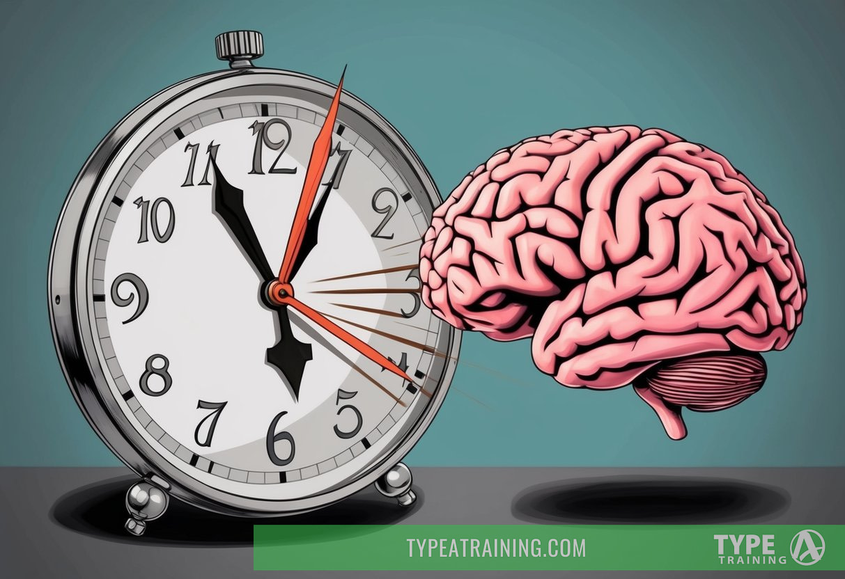 A clock with hands spinning out of control while a brain deteriorates in fast-forward