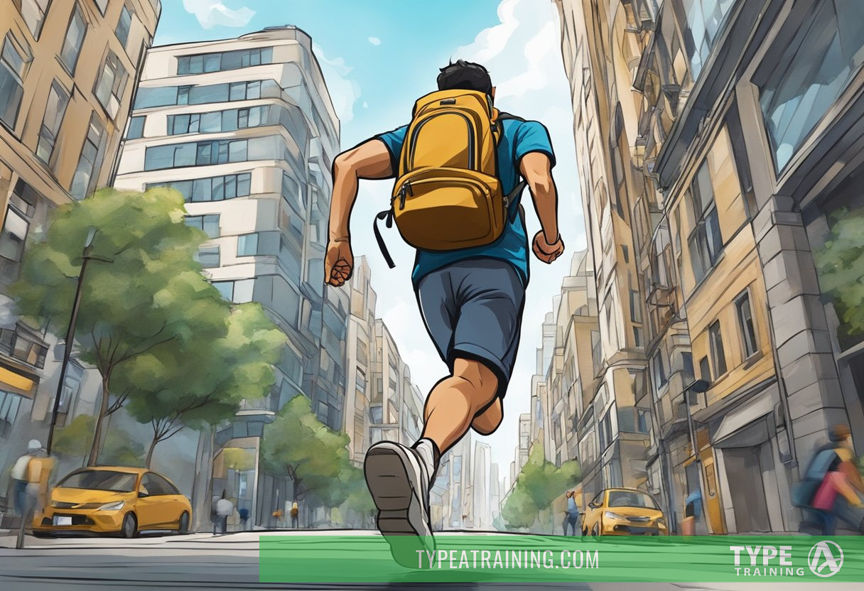 A person running with a backpack through a city, passing by buildings and bustling streets, with a determined and focused expression
