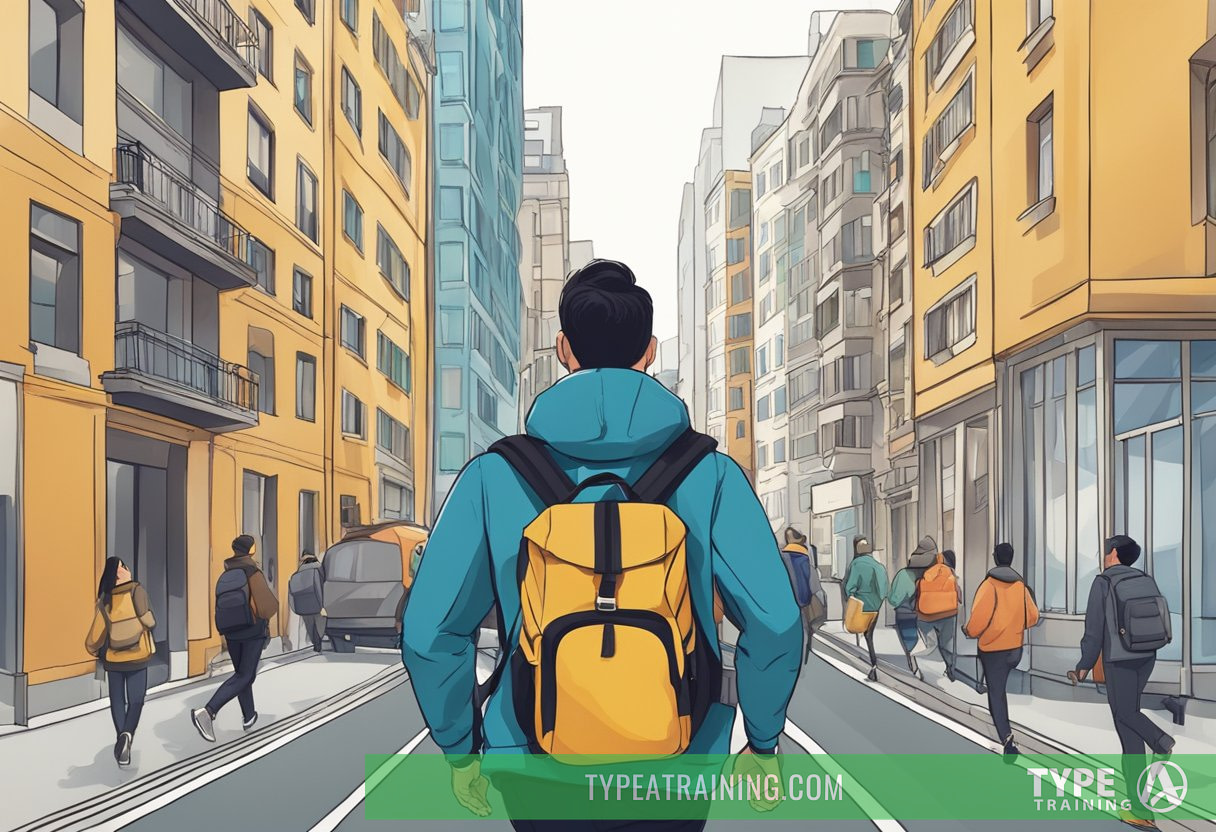 A person running with a backpack through a city, passing by buildings and traffic