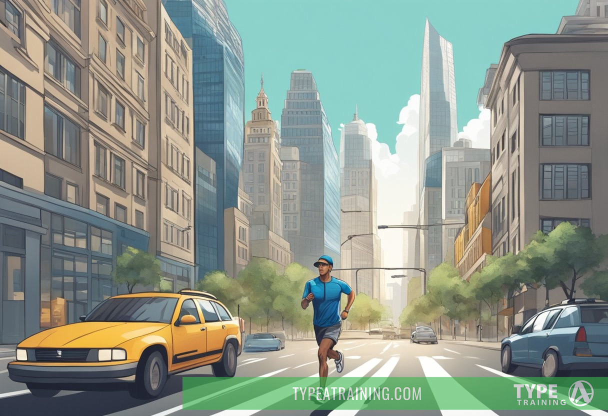A runner with a backpack and sneakers, navigating through a bustling city, with traffic and tall buildings in the background
