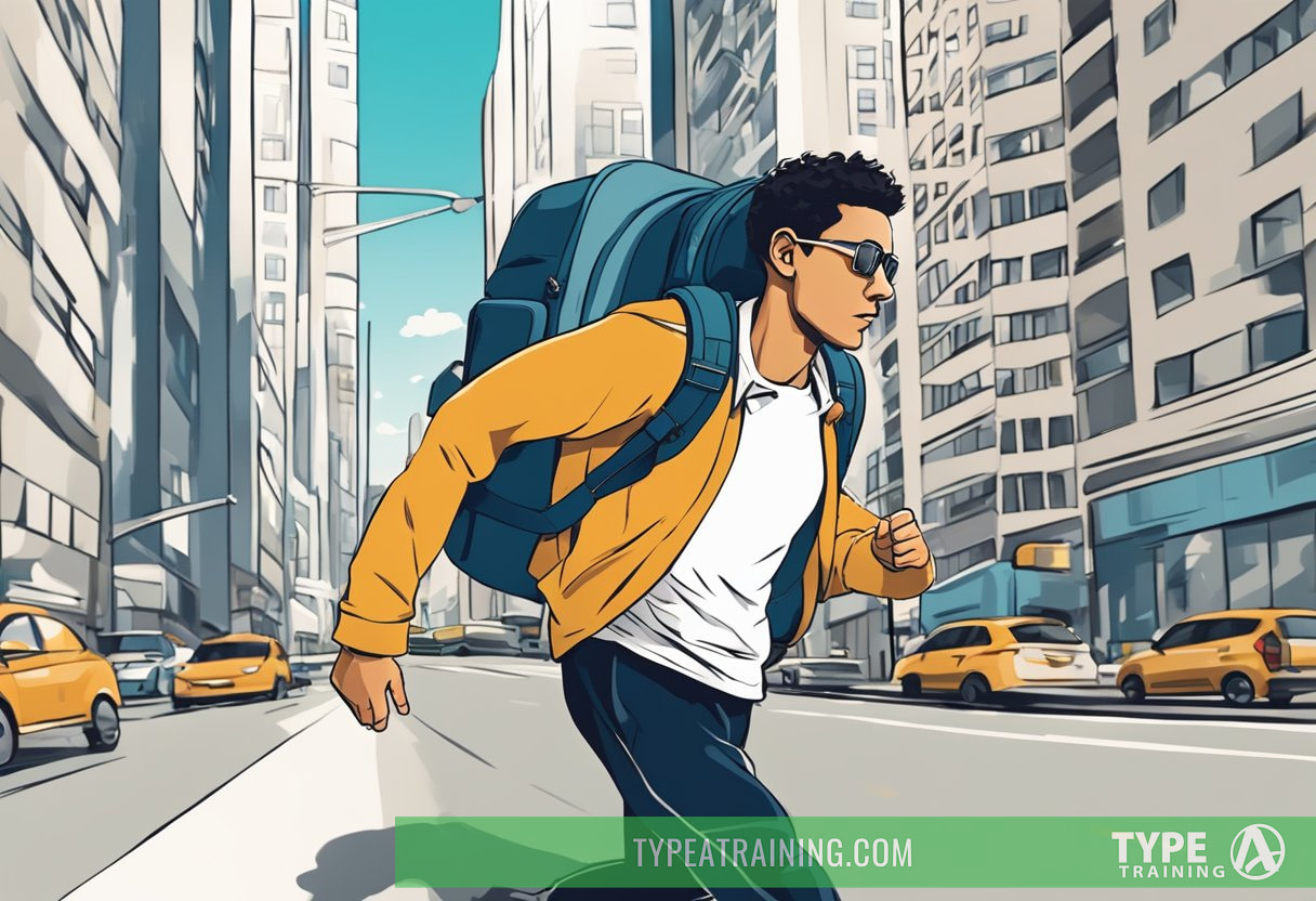 A person running with a backpack through a city, passing by busy streets and tall buildings, with a determined and focused expression