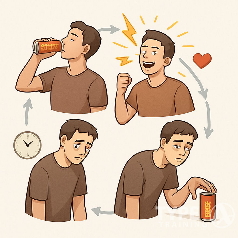 A circular illustration showing a person cycling through stages of energy from drinking an energy drink, feeling energized, becoming tired, and then fatigued, with symbols representing time, heart rate, and brain dependency.